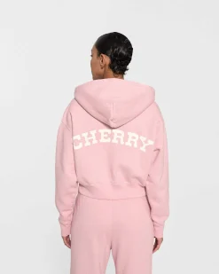 Cherry Sweatshirts-Women'S Cropped Zip-Up Hoodie (Pink)